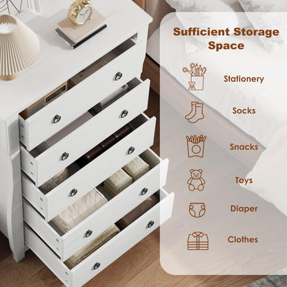 Garvee Nightstand for Bedroom, 5 Drawers & Wooden Top, Modern Bedside Table with Large Storage Space, Organizer Cabinet with Metal Ring Handles for Closet, Hallway, Entryway, White
