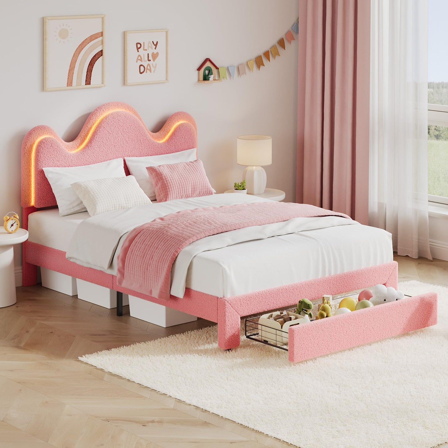 Garvee Full LED Bed Frame with Adjustable Wavy Headboard and Storage Drawer, Upholstered Princess Platform Bed for Kids, Lamb Fleece Fabric, Wooden Slats Support, No Box Spring Needed, Pink