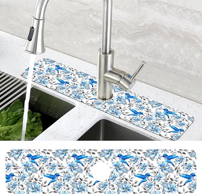 Kitchen Sink Splash Guard Faucet Mat Blue Floral and Hummingbird Absorbent Fast