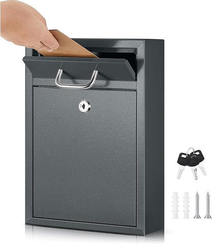Yaocom Locking Mailbox with Key for Outdoor 12.2 x 8.5 x 3 Inches Large Wall Mount Mail Box with Lock Security Mail Drop Metal Collection Boxes Hanging Secure Postbox(Dark Gray)