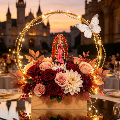Kuabiz 12 Pcs Our Lady of Guadalupe Wooden Table Centerpieces 3D Virgen De Guadalupe Planter Box with Gold Metal Ring Baptism Favors for Guests Table Decor First Communion Gifts Catholic Favors