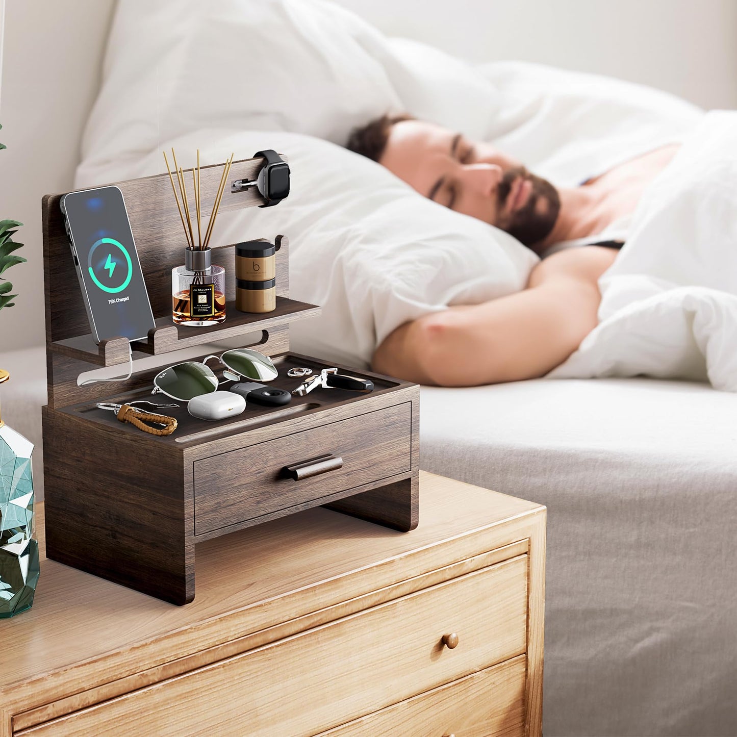 NiHome Wooden Nightstand Organizer for Men, Solid Wood Charging Dock for Smartphone, Smartwatch, Tablet, Wallet, Keys, Glasses, Accessories, Easy Assembly Stylish Design for Classic & Modern Interiors