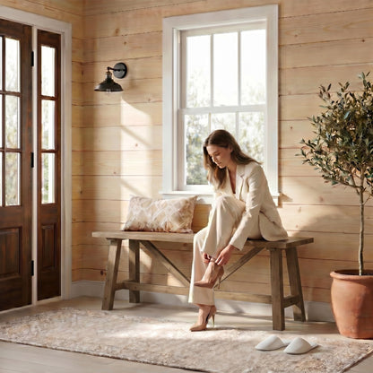 Wnutrees 43" Farmhouse Solid Wood Bench, Narrow Long Seat for Entryway Living Room Dining Area, Natural