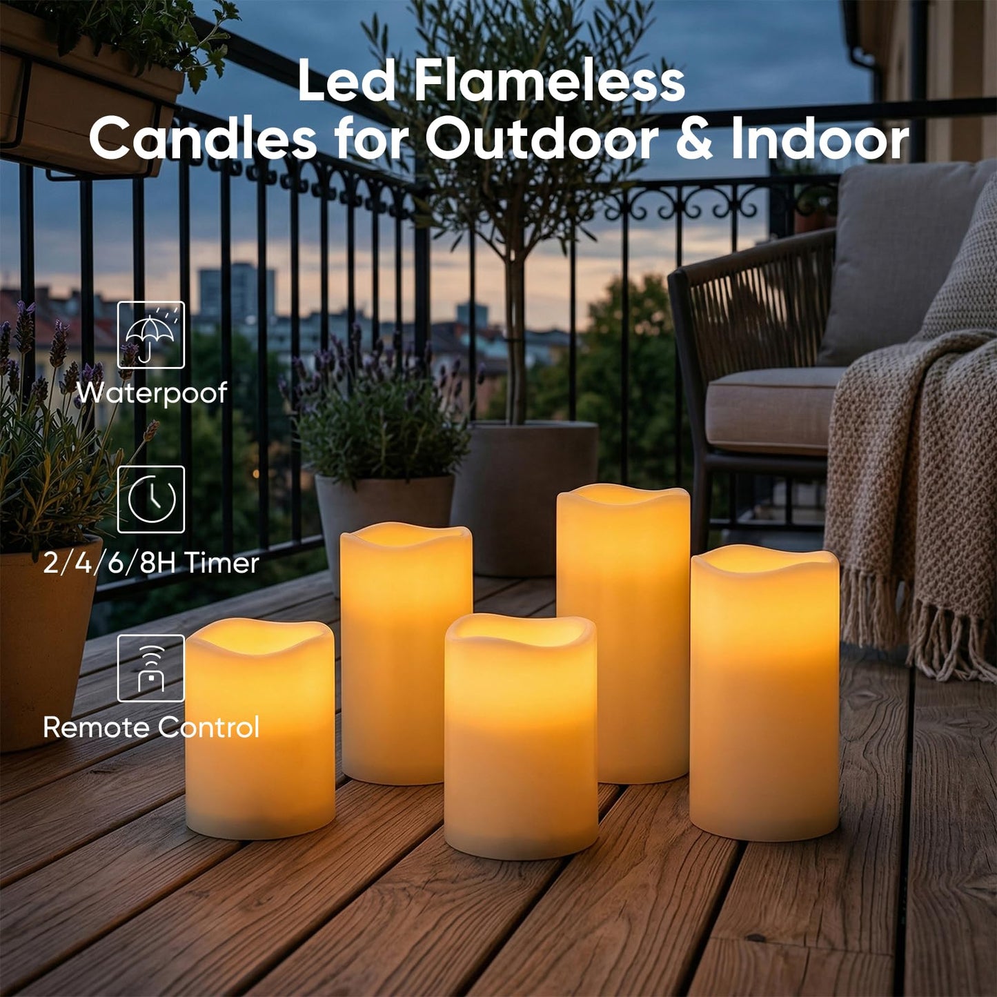 5plots 3" X 4"5" 6" Outdoor Waterproof Candles, Battery Operated Led Ivory White Flameless Candles with 10-Key Remote & Timer for Indoor Home Lantern Holiday Decor, Set of 3