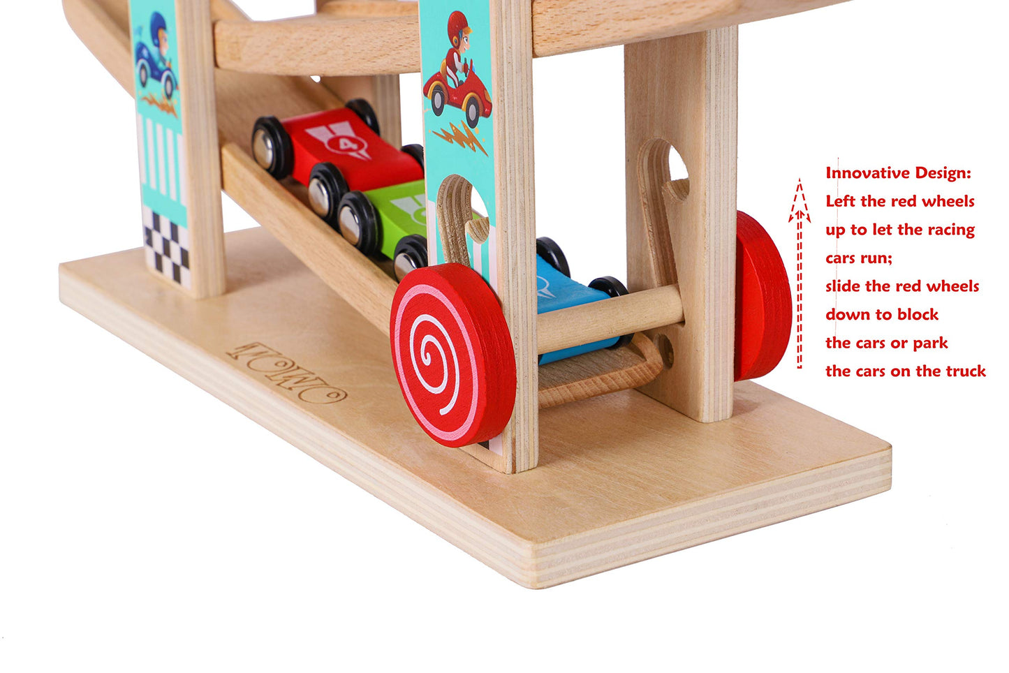 TOWO Pure Wooden Car Ramp - Zig Zag Car Slide Run with 4 Wooden Cars Playsets-Click Clack Track Toys for Toddlers -Racing Car Toys for Kids Boys Girls 2 3 4
