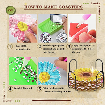Leatrice 8PCS Flower Diamond Art Coasters Small Diamond Painting Kits for Adults Beginners Women Gem Art Coasters with Holder Funny DIY Crafts for Home Decor