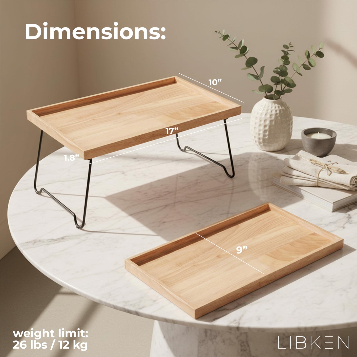 Libken Rubberwood Serving Tray with Foldable Legs – Minimal Scandinavian Design Bed Tray Table – Elegant Wooden Breakfast in Bed Tray, Food Serving Tray for Eating, Snacks, Reading & Laptop Use