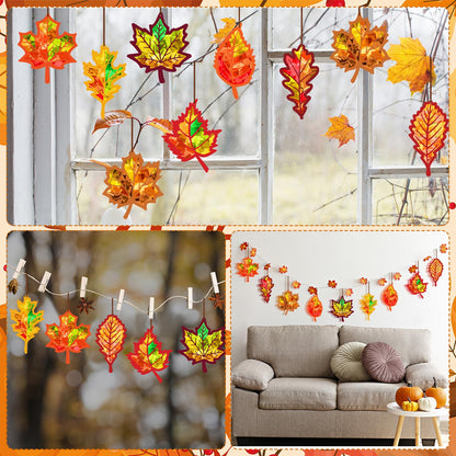 Motipuns 32 Sets Thanksgiving Day Maple Leaf Suncatchers Craft Kits DIY Fall Leaf Tissue Paper Crafts Stained Glass Effect Tissue Paper Kit for Autumn Halloween Window Art