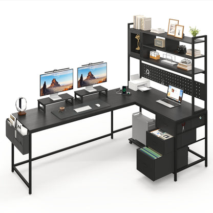 Lazmvlz L-Shaped Computer Desk with Charging Station and Light Strip, Gaming Desk with Pegboard & Storage Shelves, Corner Table with 3 Drawers, Monitor and Computer Tower Stand for Home Office, Black