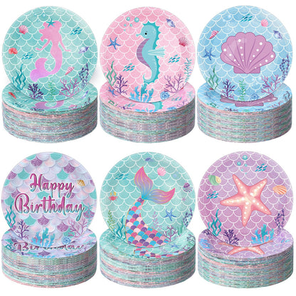 Funnymoom 60 Pcs Mermaid Birthday Party Decor 7 Inch Mermaids Dessert Paper Plates Under the Sea Disposable Dinner Cake Plates Princess Shell Dinnerware for Ocean Baby Shower Party Supplies