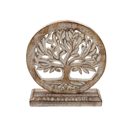 VANIYA CRAFTS® Wooden Tree of Life Table Sculpture – Handmade Carved Engraved Decor Statue for Living Room, Bedroom, Office, Shelf, or Cabinet (Antique White)
