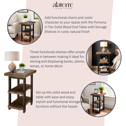 Alaterre Furniture Pomona Living Room 3-Tier Solid Wood End Table with Metal Legs & Storage Shelves – Modern Rustic Industrial Space-Saving Side Table or Nightstand (Rustic Brown)