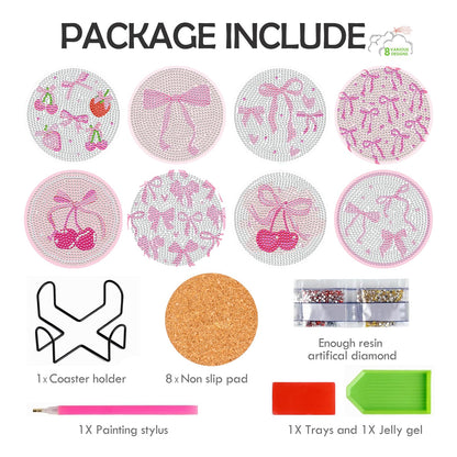 Pink Bow Diamond Art Coasters Kits - 8 PCS DIY Non Slip Diamond Painting Coasters with Holder Bowknot Cherry Strawberry Gem Art Craft Supplies for Adults Beginners Women Coquettee Home Table Decor