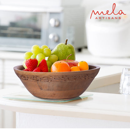 Mela Artisans 12” Mango Wood Bowl – Jasmine Medium Burnt Finish – Handcrafted Wooden Fruit Bowl for Kitchen Counter & Table Display