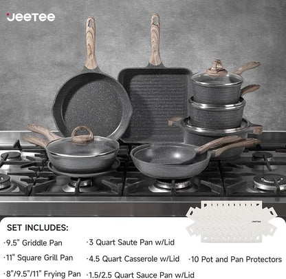 JEETEE Pots and Pans Set Non Stick 23pcs, Healthy Kitchen Cookware Sets, Induction Cooking Set W/Gray Frying Pans, Saucepans, Sauté & Griddle & Crepe Pan (PFOA, PFAS Free)