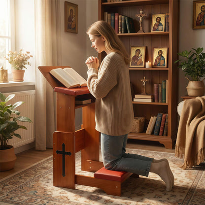 Fanwer Folding Prayer Bench for Home Use - Adjustable Wooden Kneeler for Prayer & Meditation, Compact Kneeling Altar with Bookshelf for Church, Chapel, or Personal Devotion