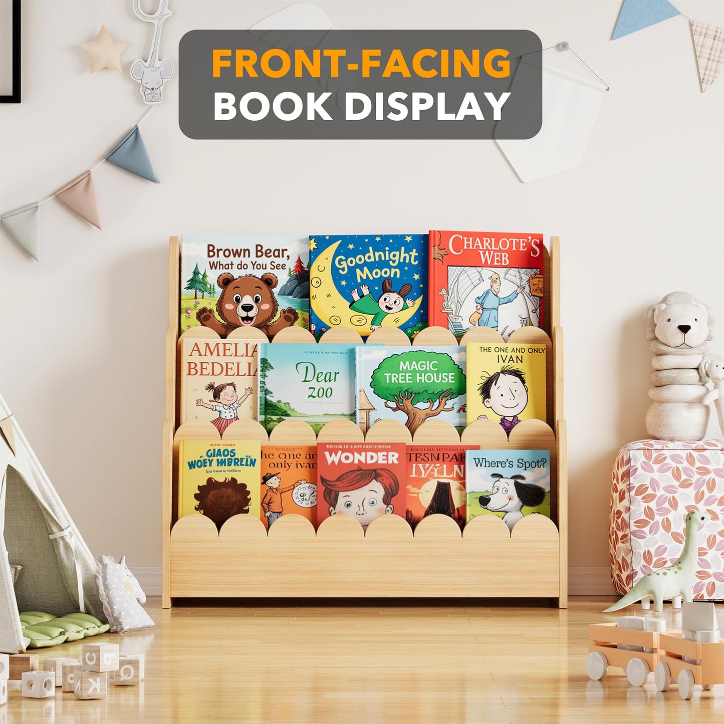 SpaceAid 3-Tier Scalloped Bookshelf, Montessori Bookcase for Toddlers, Wooden Book Shelf Organizer Display Furniture for Kids Rooms, Playroom, Nursery and Classroom, Natural