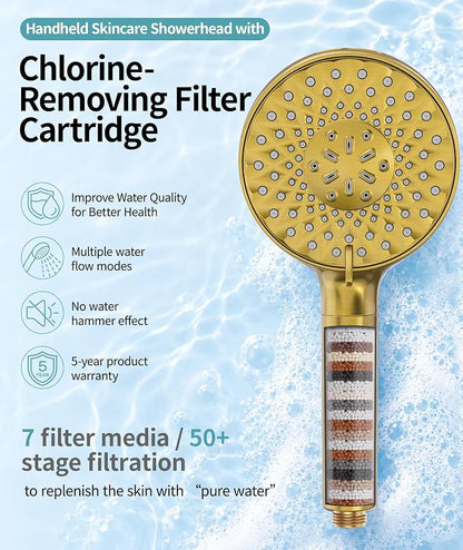 SR SUN RISE Filtered Shower Head with Handheld High Pressure 9 Spray Mode Showerhead Detachable Shower Head Water Softener Filters Beads for Hard Water Remove Chlorine 4 Filters Brushed Gold