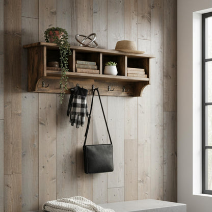 Alaterre Furniture Pomona Entryway Coat Rack – Rustic Farmhouse 48-Inch Wall-Mounted Coat Rack with 6 Double Hooks & 4 Open Cubbies – Solid Wood Mudroom Storage for Entryway or Hallway (Rustic Brown)