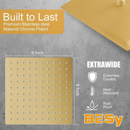 BESy 8 Inch Rain Shower Head, 8" Square Rainfall & High Pressure Stainless Steel Bath Showerhead, 1/16" Ultra Thin, Waterfall Full Body Coverage with Silicone Nozzle, Brushed Gold