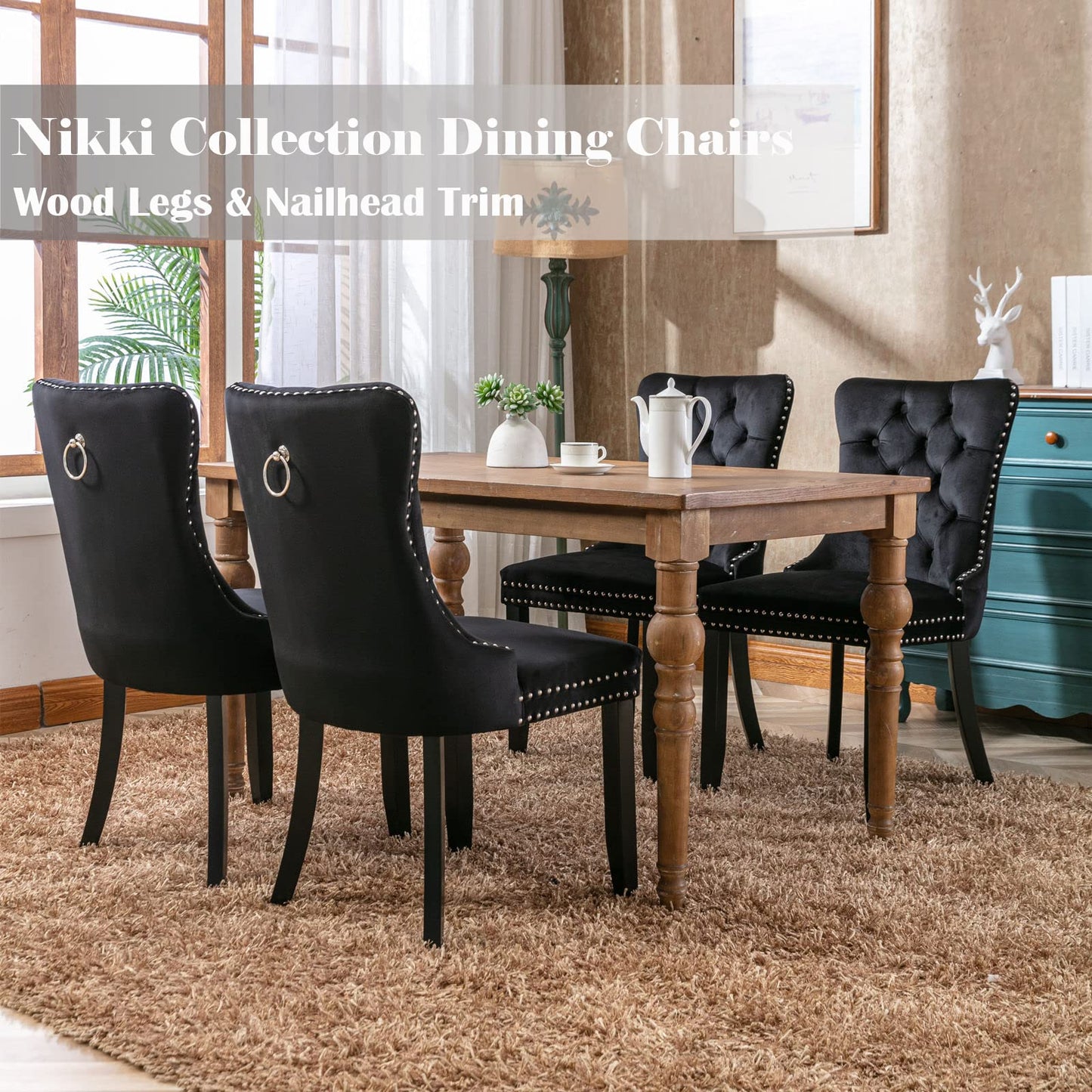 Shenyon Black Velvet Dining Chairs Set of 4, Upholstered Dining Room Chairs with Back Ring Pull Trim and Solid Wood Legs,Modern Dining Chairs Perfect for Dining Room,Living Room,Kitchen(Black)