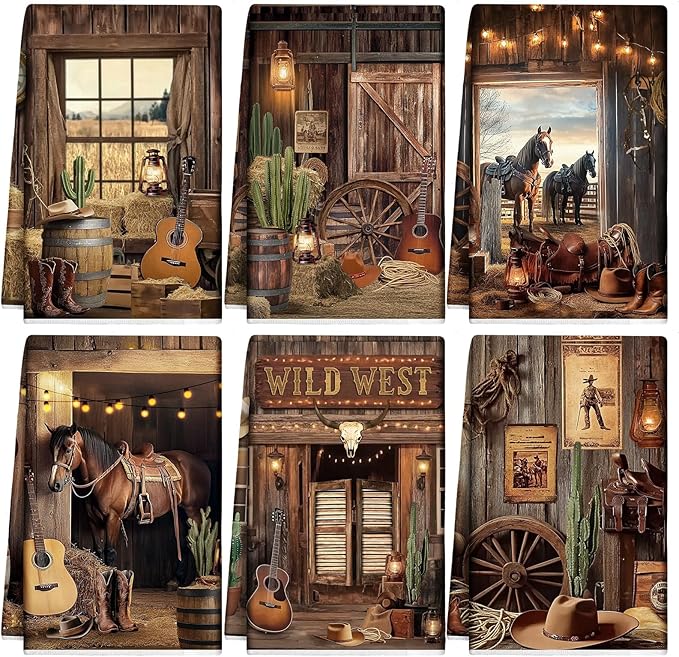Breling 6 Pcs Western Cowboy Scene Kitchen Towel Wooden House Barn Vintage