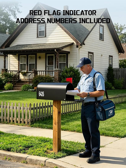 AZUNO Mailboxes for Outside, Black Metal Post Mount Mailbox with Red Flag & Address Numbers, Medium Capacity Mailbox for House,Galvanized Steel,19 * 8.9 * 7.1 inches