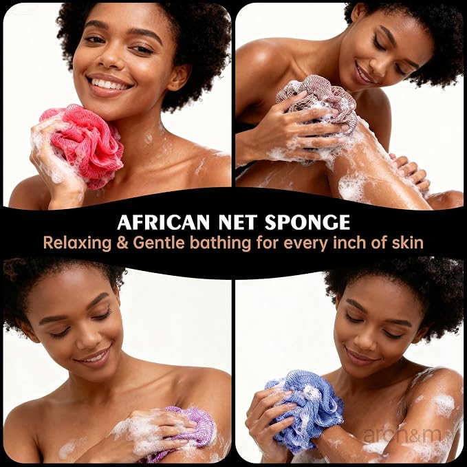 ARCH&M African Net Sponge Authentic, Champagne | Afroscrub African Wash Cloths, Smoother Skin, Exfoliating Body Sponges, Back Scrubber Exfoliator, Daily Use Shower Loofah