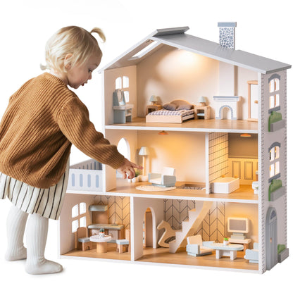 ROBUD Doll House, Wooden Dollhouse with 6 Rooms, 29-pcs Realistic Accessories, Dollhouse Playset for 4-6 Inch Dolls, Gifts for Kids & Toddlers, Nordic Style, Ages 3+
