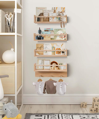 BOMID Wall Bookshelves,Set of 4 Natural Wood Floating Bookshelf,Nursery Shelves,Floating Book Shelves for Wall(Burlywood)
