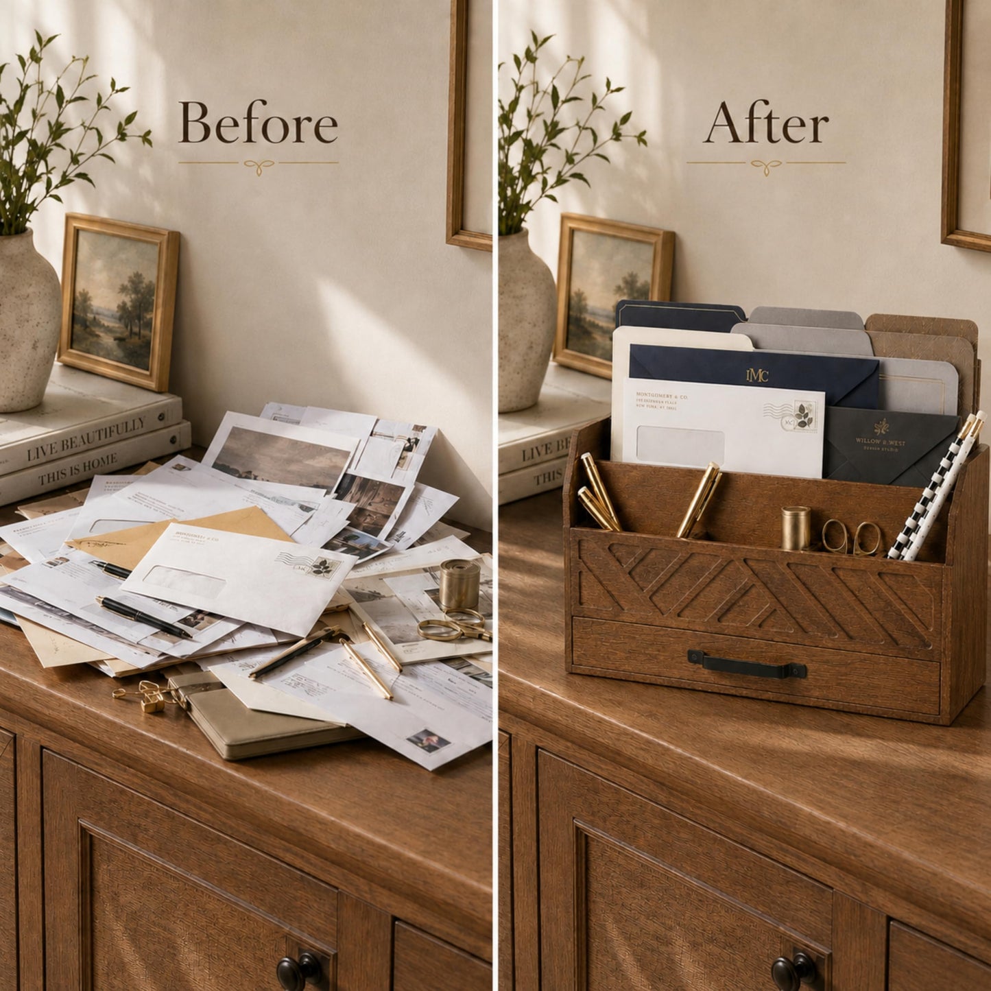 BLU MONACO | Wooden Mail Organizer with Drawer and Compartments | Mail Sorter Organizer Countertop for Desk Entryway | Outgoing Mail Holder Wood Desktop File Storage