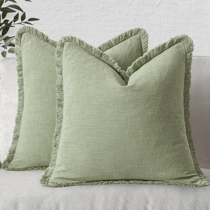 MIULEE Christmas Decorative Throw Pillow Covers Neutral Linen Fringe Fall Throw Pillows Set of 2 Natural Beige Boho Farmhouse Cushion Covers with Tassels for Couch Sofa Bed Home Decor 20x20 Inch