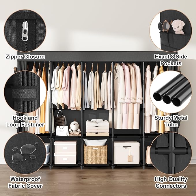 Portable Closet Storage, Portable Wardrobe Closet Organizer Clothes Rack wtih Cover, Hanging Rod, Storage Shelves and Side Pockets, Large Portable Closets for Hanging Clothes, Black