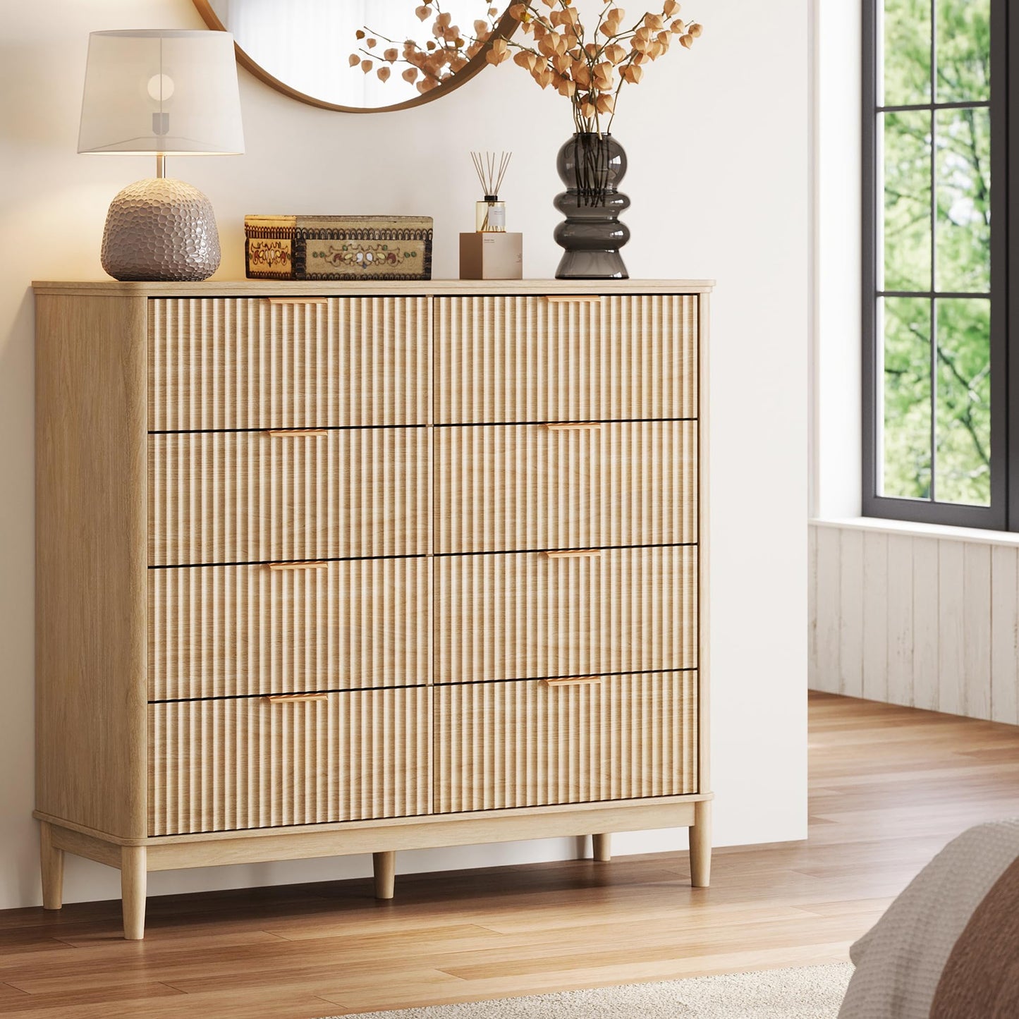 LINSY Fluted Dresser for Bedroom with 8 Drawers, Mid Century Modern Chest of Drawers with Gold Metal Handles, Wide Boho Wood Dressers, Large Farmhouse Storage Cabinet for Bedroom, Living Room, Oak