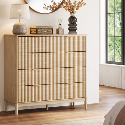 LINSY Fluted Dresser for Bedroom with 8 Drawers, Mid Century Modern Chest of Drawers with Gold Metal Handles, Wide Boho Wood Dressers, Large Farmhouse Storage Cabinet for Bedroom, Living Room, Oak