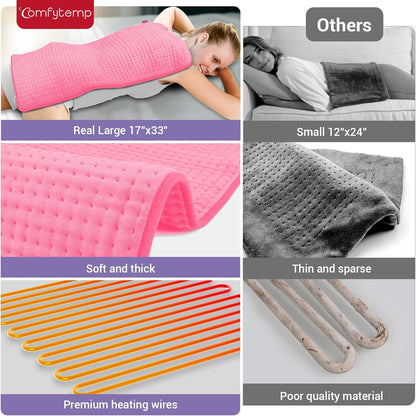 Comfytemp Heating Pad for Back Pain Relief, Extra Large Pink Heating Pad XXL, Birthday Gifts for Women Mom Grandma Wife, 17''x 33'' King Size Electric Heating Pads for Period Cramps