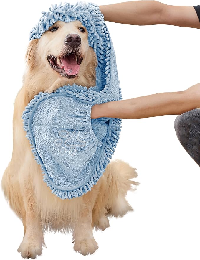 Microfiber Dog Towel, Blue | Fast Drying, Super Absorbent, Hand Pockets, For Large & Small Dogs, Soft Durable
