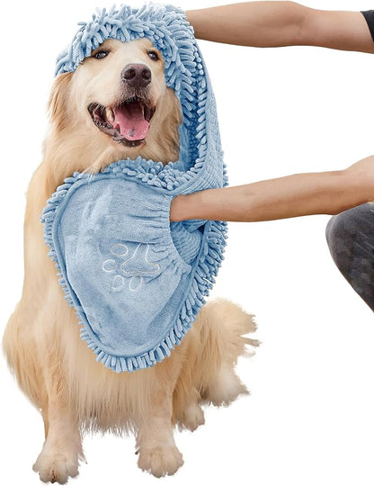 Microfiber Dog Towel, Blue | Fast Drying, Super Absorbent, Hand Pockets, For Large & Small Dogs, Soft Durable