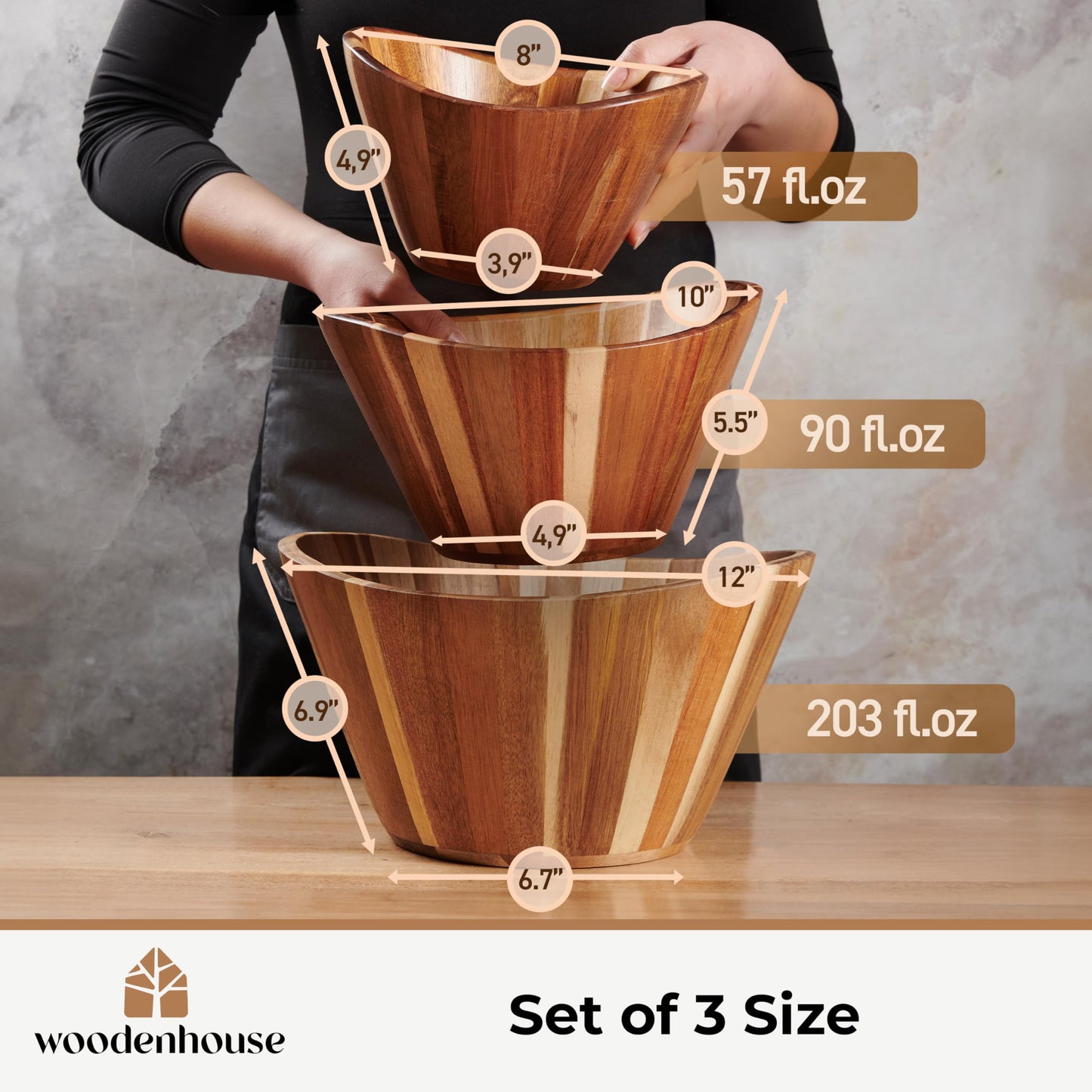 Woodenhouse Wooden Salad Bowl Set, Salad Bowls Set of 3 - Wavy Design Salad Bowl Set for Serving, Handmade, Durable and Stylish Natural Wood Dining Accessory