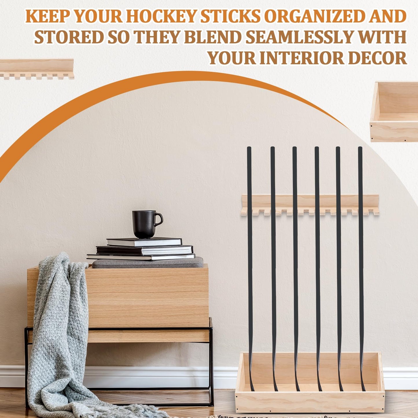 Leinuosen 2 in 1 Hockey Stick Holder Wall Mount for Garage Hockey Stick Wooden Rack Ice Organizer Storage with Vertical Display Large Capacity Organizer Holds up to 12 Sticks for Player Gifts