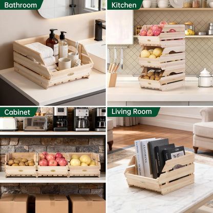 HABAU Wood Potato Onion Storage Bins - Wooden Stackable Produce Basket - Fruit Vegetable Storage for Kitchen Pantry Organization, Set 3 Pieces