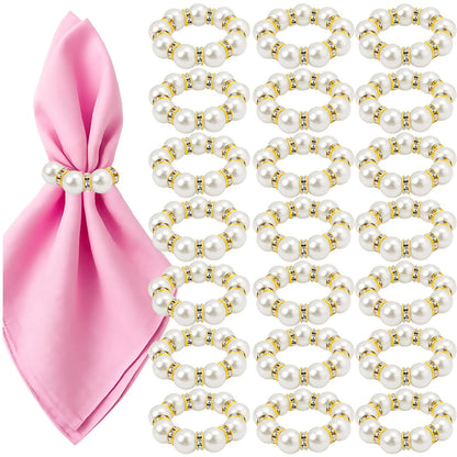 20Pcs Gold Napkin Rings Set Imitation Pearl Napkin Ring Holders for Wedding Reception Party Dinner Table Decor Essentials Metal Napkin Buckles Bulk Bridal Shower Holiday Gatherings Accessories
