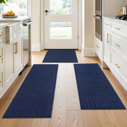 U'Artlines Kitchen Rugs and Mats Set of 3, Non Skid Washable Blue Geometric Kitchen Mats for Floor, Absorbent and Stain Resistant Floor Mat for Laundry, Sink Decor 20x32+20x48+20x59