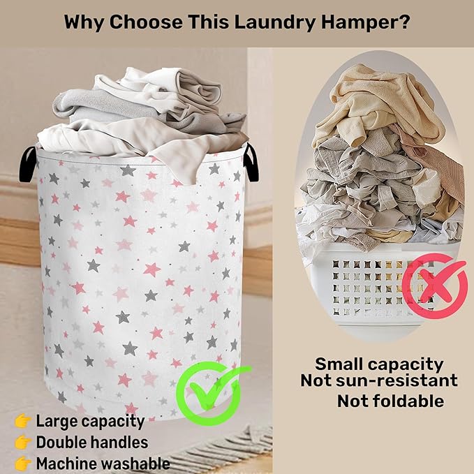 Cute Pink Stars Foldable Canvas Laundry Basket