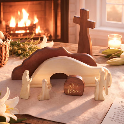 He is Risen Easter Decor – Wooden Resurrection Scene with Empty Tomb, Cross & Figurines, Christian Religious Tabletop Decoration for Home, Faith Easter Gift, Easter Basket Stuffer