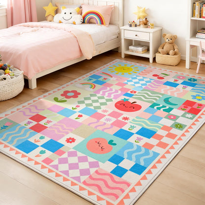 5x7 Washable Kid Bedroom Rug for Girls, Pink Baby Nursery Area Rug, Soft Non-Slip Toddler Playroom Carpet, Cute Colorful Strawberry Fruit Rainbow Checkered