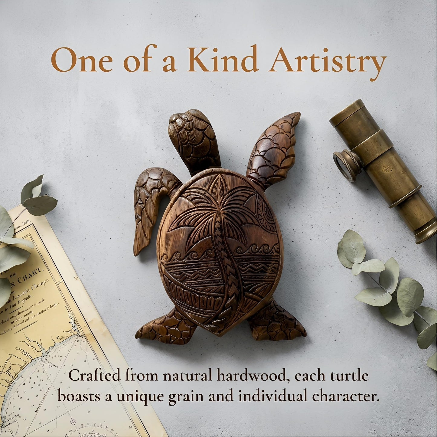 5.9" Hand Carved Wood Sea Turtle Figurine - Small Hawaiian Honu Statue with Traditional Island Motifs - Artisan Tropical Decor for Desk, Shelf, Home & Office - Meaningful Collectible Gift (Hibiscus)