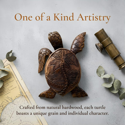 5.9" Hand Carved Wood Sea Turtle Figurine - Small Hawaiian Honu Statue with Traditional Island Motifs - Artisan Tropical Decor for Desk, Shelf, Home & Office - Meaningful Collectible Gift (Hibiscus)