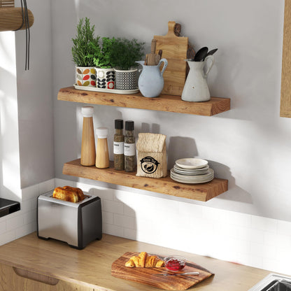 30 Inch Floating Shelves for Wall, Solid Elm Wood Live Edge Floating Shelves for Bedroom Living Room Bathroom, Wall Mounted Wooden Shelf with Invisible Bracket for Books Decor Storage, Natural