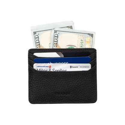 grande 3633 Genuine Leather Card Holder For Women and Men Super Slim Minimalist Small Snap Wallet (Black)